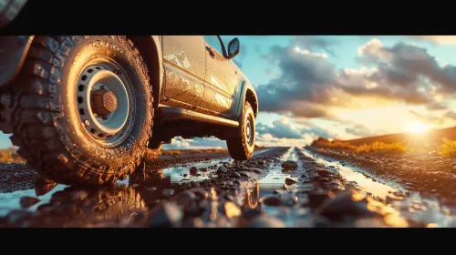 Coche en terreno accidentado, reflejos de agua y atardecer