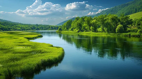 River with Reflection of Cloudy Sky and Green Banks