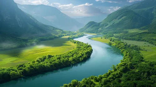 Green Valley with a River and Majestic Mountains in the Background