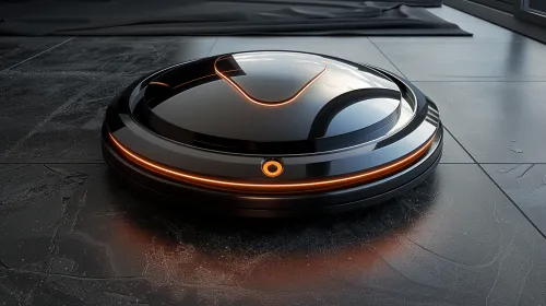 Robotic vacuum cleaner with a black body and orange accents on the floor