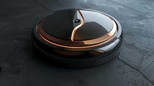 Robot vacuum cleaner with a shiny black surface and a copper stripe