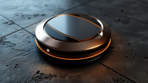 Robot Vacuum Cleaner with Glossy Surface on Dark Tiled Floor