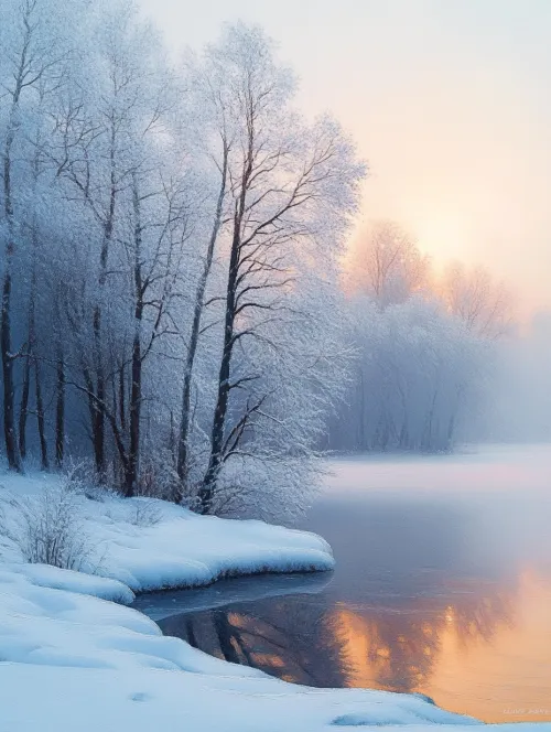Snow-covered trees and river against the backdrop of a winter sunset