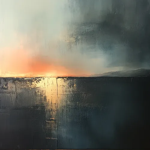Abstract painting with a bright horizon and dark texture