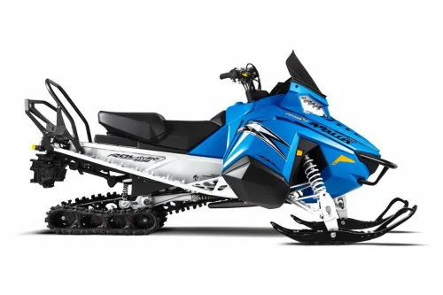 Modern blue snowmobile with a powerful engine and distinctive design