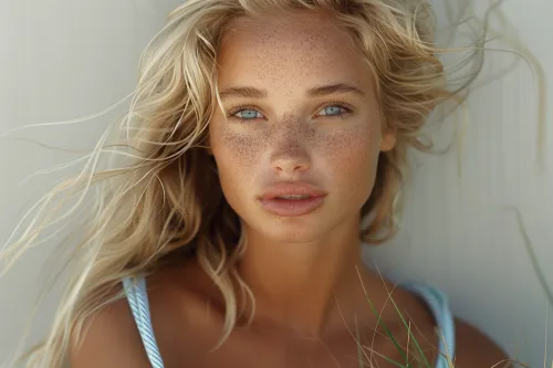 Retrato único de una chica con cabello largo y rubio y pecas brillantes