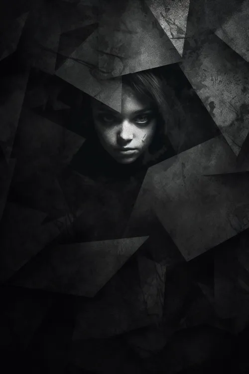 Rostro de una chica oculto entre fragmentos en una composición oscura