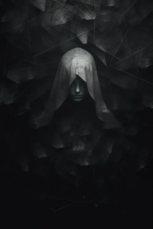 Silhouette of a hooded figure against a background of dark abstract shapes