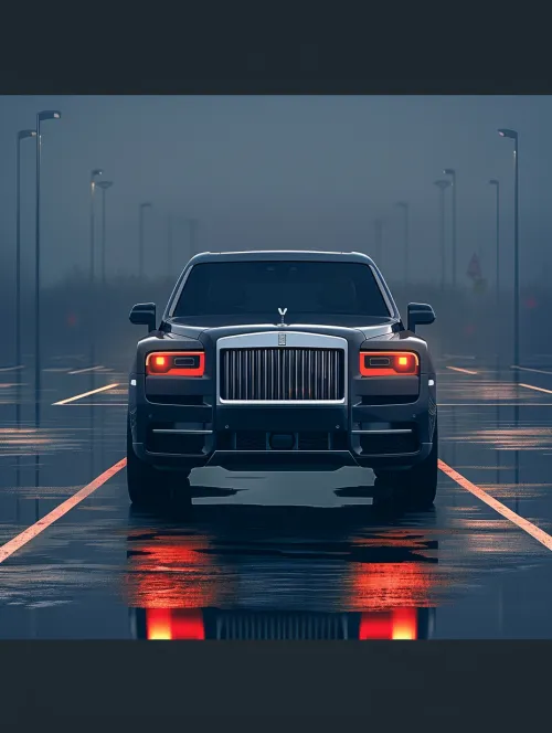 Современный черный автомобиль с влажной дорогой и огнями фонарей