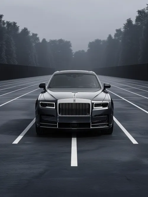 Image of a black sedan against the backdrop of a foggy forest and parking lot markings