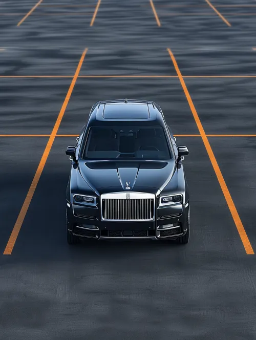 Premium car in the center of an empty parking lot with orange lines