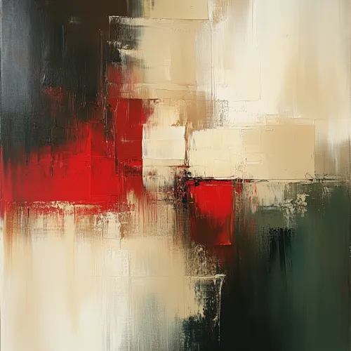 Cuadro en estilo abstracto con acentos rojos sobre un fondo neutral