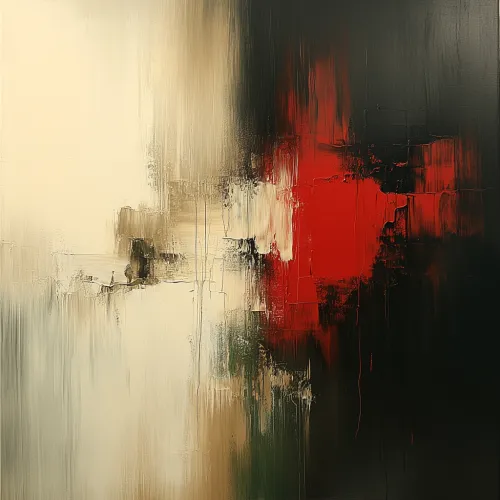 A painting featuring abstract elements with red, black, and light backgrounds