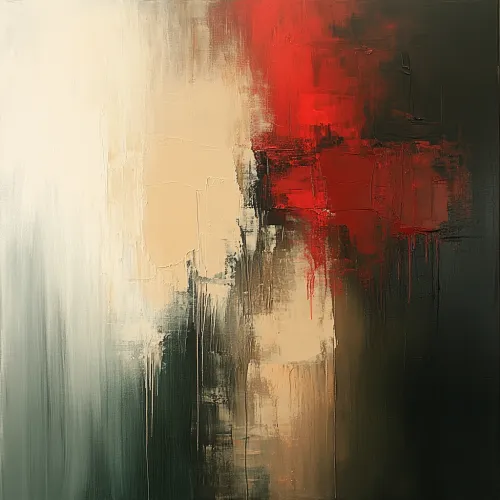 Abstract artwork featuring plays of red color and neutral shades