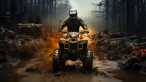 Off-road ATV moving along a muddy forest trail