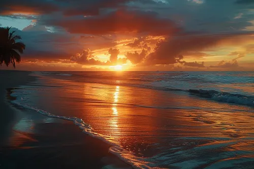Amazing sunset on the beach with bright colors and calm waves