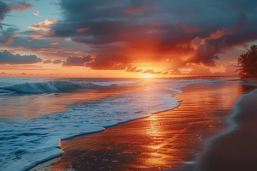 View of the sunset with a reflection in the water and clouds on the horizon
