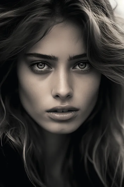 Black-and-white portrait of a young woman with long hair and a deep gaze