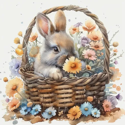 Pequeño conejo rodeado de flores en una cesta de mimbre