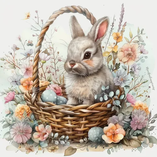 Изображение кр bunny в плетеной корзине с цветами и пасхальными яйцами