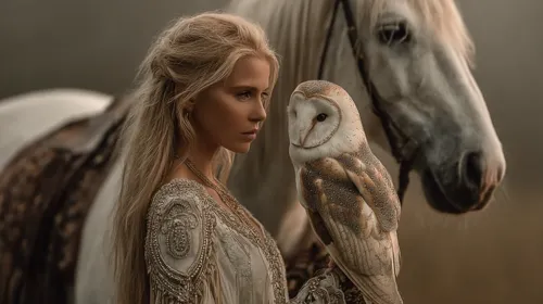 Epic portrayal of a woman with an owl and a white horse against a nature background