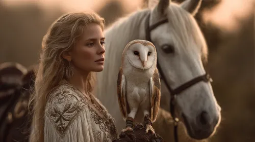 Elegant woman with long hair, an owl, and a white horse against the sunset sky