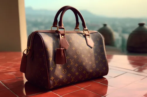 Красивая кожаная сумка Louis Vuitton на столе с городским пейзажем