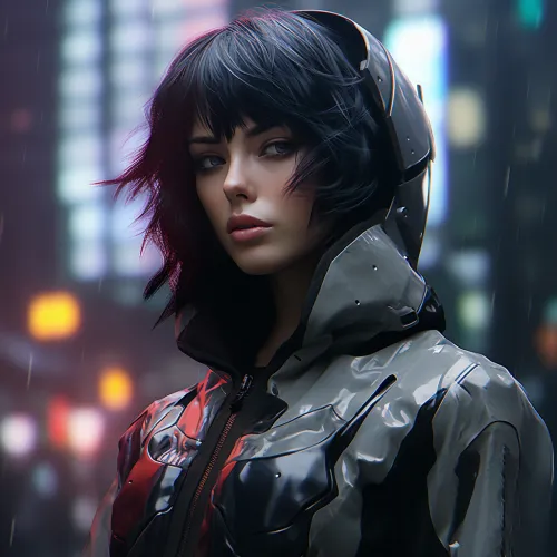 Character in a waterproof jacket against the bright lights of the city