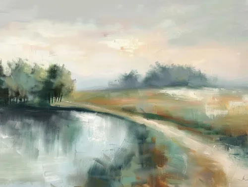 Calm landscape with a lake and forest against a backdrop of misty hills
