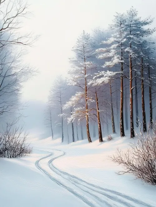 Calm winter forest with snow-covered trees and tracks in the snow
