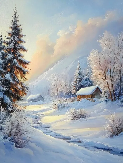 Snowy landscape with two houses and a river against the backdrop of mountains