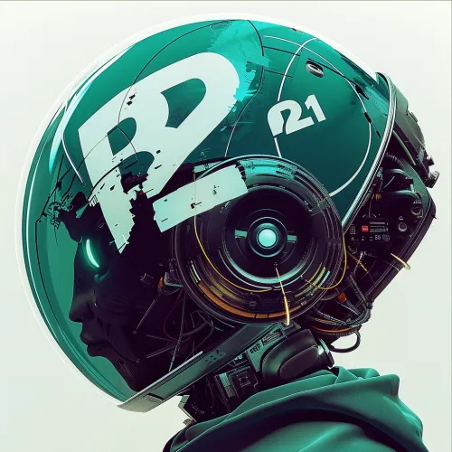 Portrait of a cybernetic being in a protective helmet with technological elements
