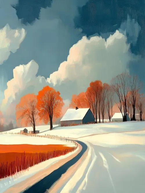 Beautiful winter landscape with houses and bright snowy trees