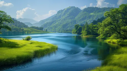 Picturesque landscape with a lake, mountains, and green trees