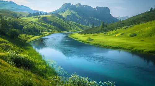 Picturesque landscape of a river surrounded by green hills and mountains
