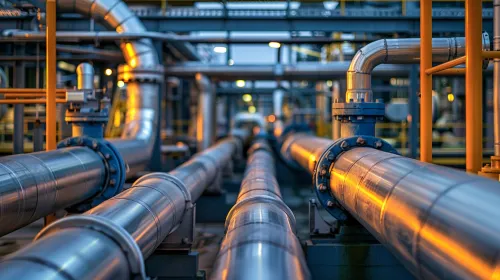Pipelines and Plant Equipment Against the Backdrop of Evening Lights