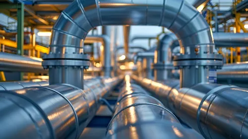 Tuberías metálicas modernas en un edificio industrial de producción