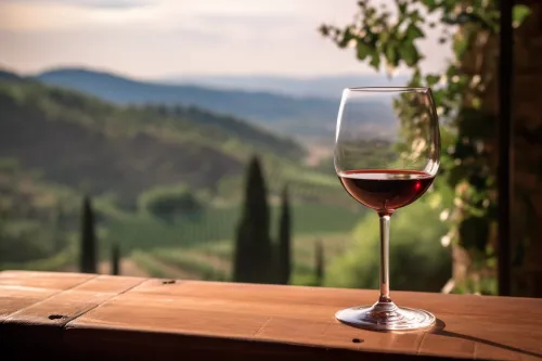 A glass of red wine and a picturesque landscape