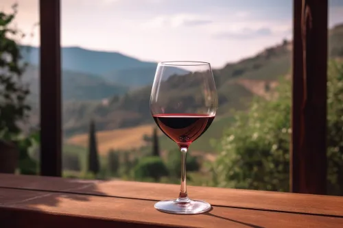 Copa de vino tinto sobre una mesa de madera con vista a los viñedos