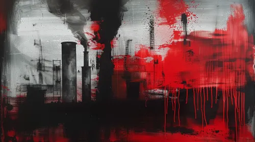 Abstract painting depicting industrial pipes and black smoke against a bright red background