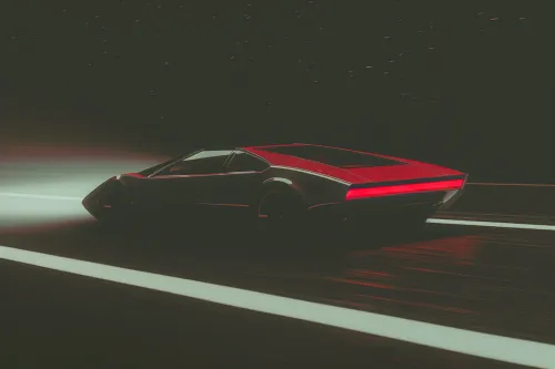 Aesthetic sports car with red rear lights moving on a dark road