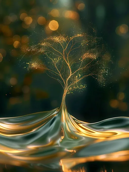 Image of a tree surrounded by golden sparkles and smooth shapes
