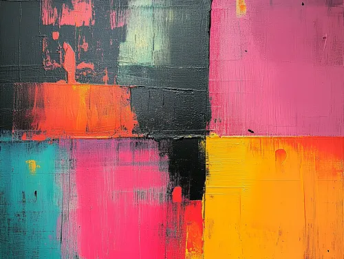 Abstract painting with bright colorful squares and textures