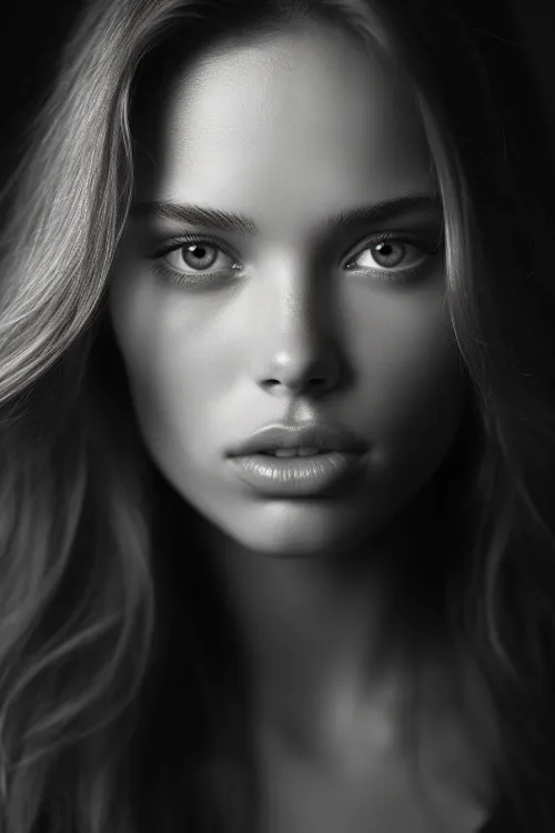 Portrait of a young girl with long hair in black and white