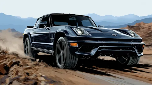 Off-road car driving through rugged terrain with mountains in the background