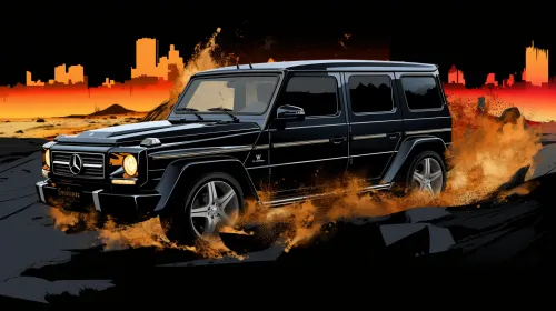 Modern Mercedes SUV driving on a sandy road with effects