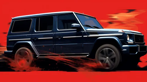Off-road vehicle against a bright red sky with motion effects
