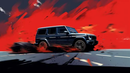 Dynamic scene with an off-roader on a bright background with fiery elements