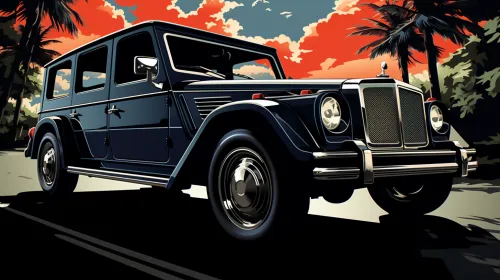 Black SUV with distinctive design against a bright sunset