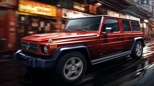 Stylish red Mercedes-Benz SUV on a busy city street